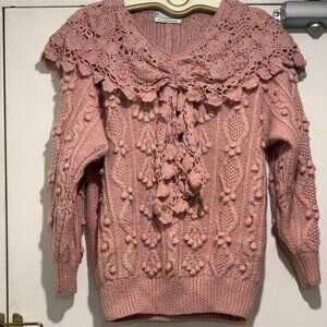 Hand-Knit Pink Crochet Collar V-Neck Sweater